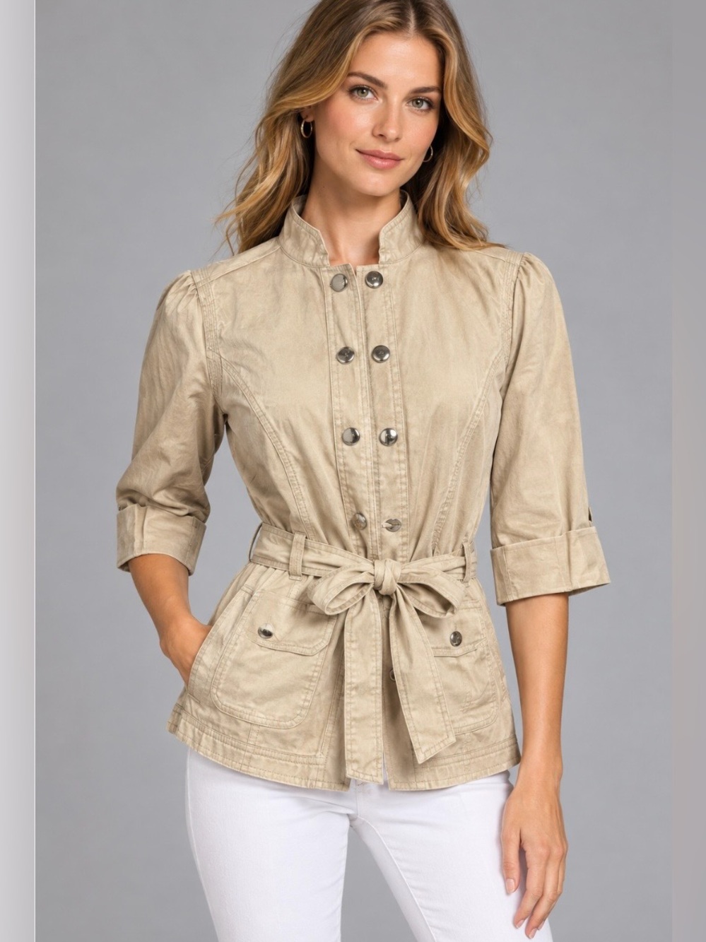 White House Black Market Tan Belted Safari Military Jacket Size 10